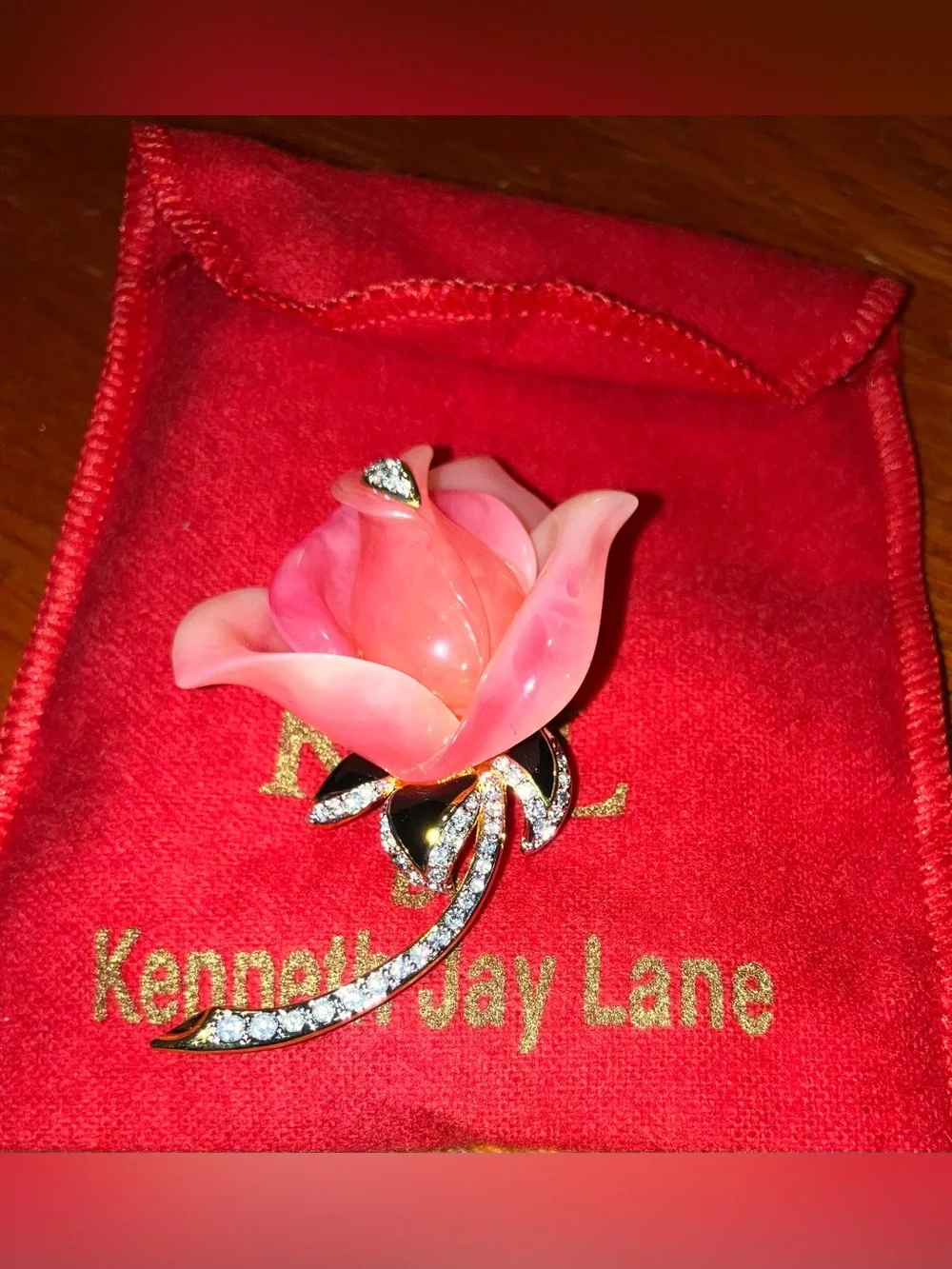 NEW Kenneth Jay Lane KJL Pink Resin Rose Brooch with Gold-Tone Black Enamel Stem